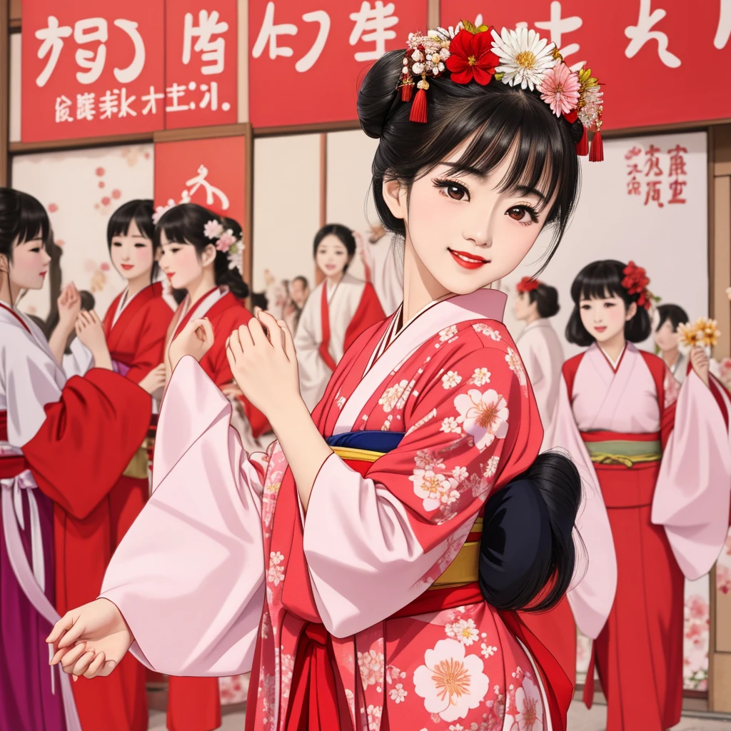 7 sisters, 7 girls with different faces and expressions, dancing gracefully, small faces, top quality, masterpieces, black hair, bun hair, wide angle, diagonally above the waist, magazine cover pose, 8K high resolution, Masterpiece, high resolution, realistic and beautiful light and shadow, top quality, high resolution, very delicate and beautiful, beautiful 8K face, smile and smile. Seven beautiful Japanese girls with eyes, transparent skin, soft hair, eight heads, Japanese style kimonos with red, pink and orange floral patterns on a white background, yukatas, small faces, thin and small noses, red lipstick , glossy skin, very thin eyebrows, overall super high resolution, Maiko-style makeup, fair skin, long and beautiful eyelashes, glossy skin, red cheeks, holding a flower hat prop in one hand, dance, Kasa Odori, Kasanihi Odori, Japan Dance, festival, movie poster style