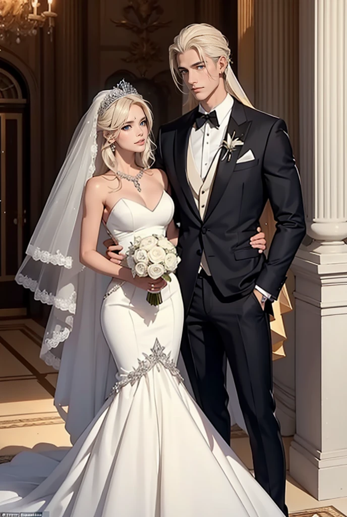 A tall, handsome, statuesque, courageous young man (platinum blonde, tanned skin, blue eyes, long straight platinum hair, luxurious wedding tuxedo) holds his bride in his arms (an incredibly beautiful young femme fatale blonde with long golden hair) she is wearing a luxurious chic wedding dress, jewelry, a beautiful veil, a tiara. She holds the bride's bouquet in her hands. They are happy, in love with each other. In full growth. A beautiful ceremonial hall. Masterpiece, beautiful face, beautiful facial features, perfect image, realistic photos, full-length image, 8k, detailed image, extremely detailed illustration, a real masterpiece of the highest quality, with careful drawing. glow. In full growth.