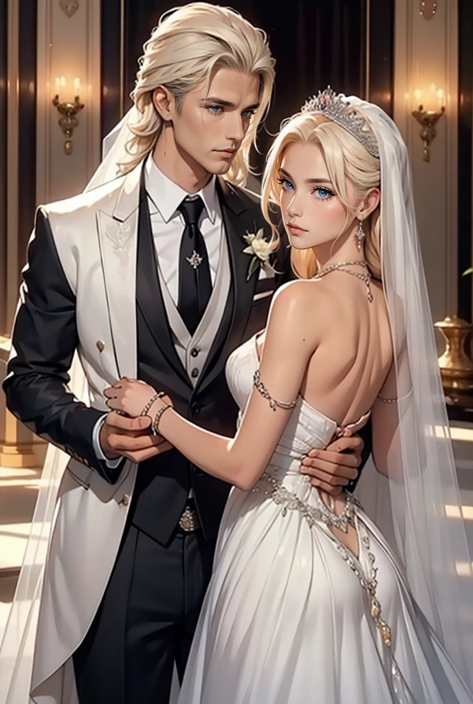 A tall, handsome, statuesque, courageous young man (platinum blonde, tanned skin, blue eyes, long straight platinum hair, luxurious wedding tuxedo) holds his bride in his arms (an incredibly beautiful young femme fatale blonde with long golden hair) she is wearing a luxurious chic wedding dress, jewelry, a beautiful veil, a tiara. She holds the bride's bouquet in her hands. They are happy, in love with each other. In full growth. A beautiful ceremonial hall. Masterpiece, beautiful face, beautiful facial features, perfect image, realistic photos, full-length image, 8k, detailed image, extremely detailed illustration, a real masterpiece of the highest quality, with careful drawing. glow. In full growth.