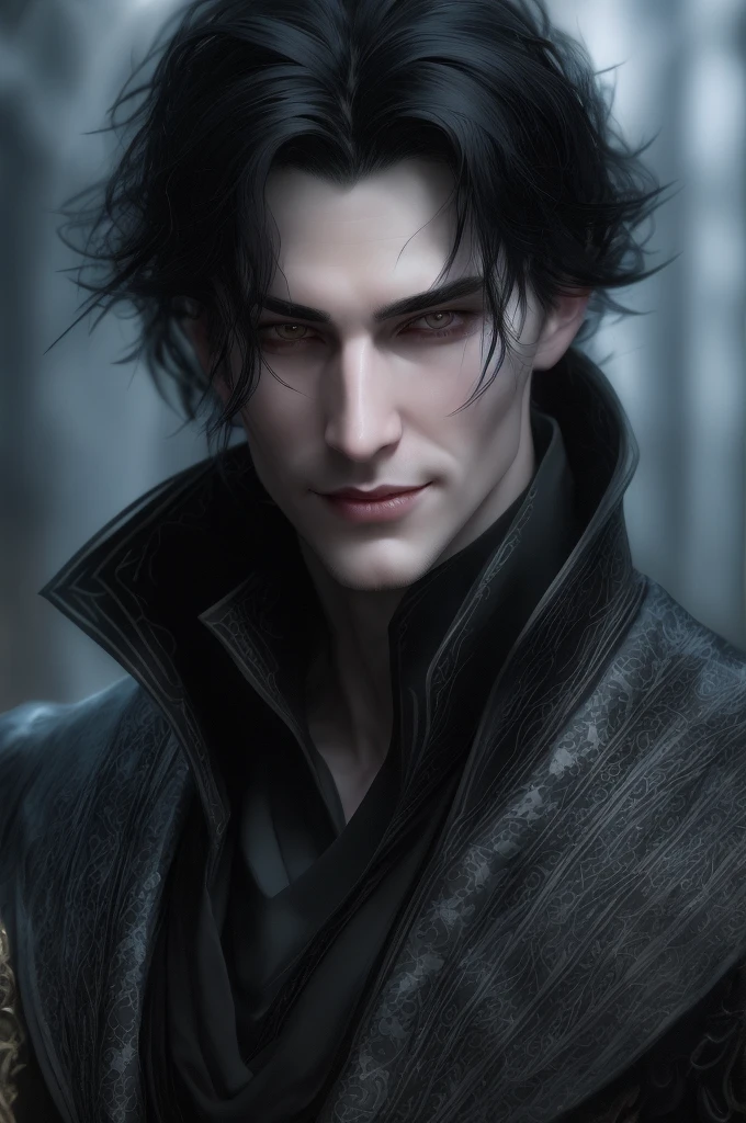 Man. Fantasy. Short tangled Black hair. Gloomy. Pale skin. Age 30 years. Narrow chin. Narrow jaw. Sharp face. Long face. Sunken cheeks. Subtle. A devious smile. Expensive black noble clothes.