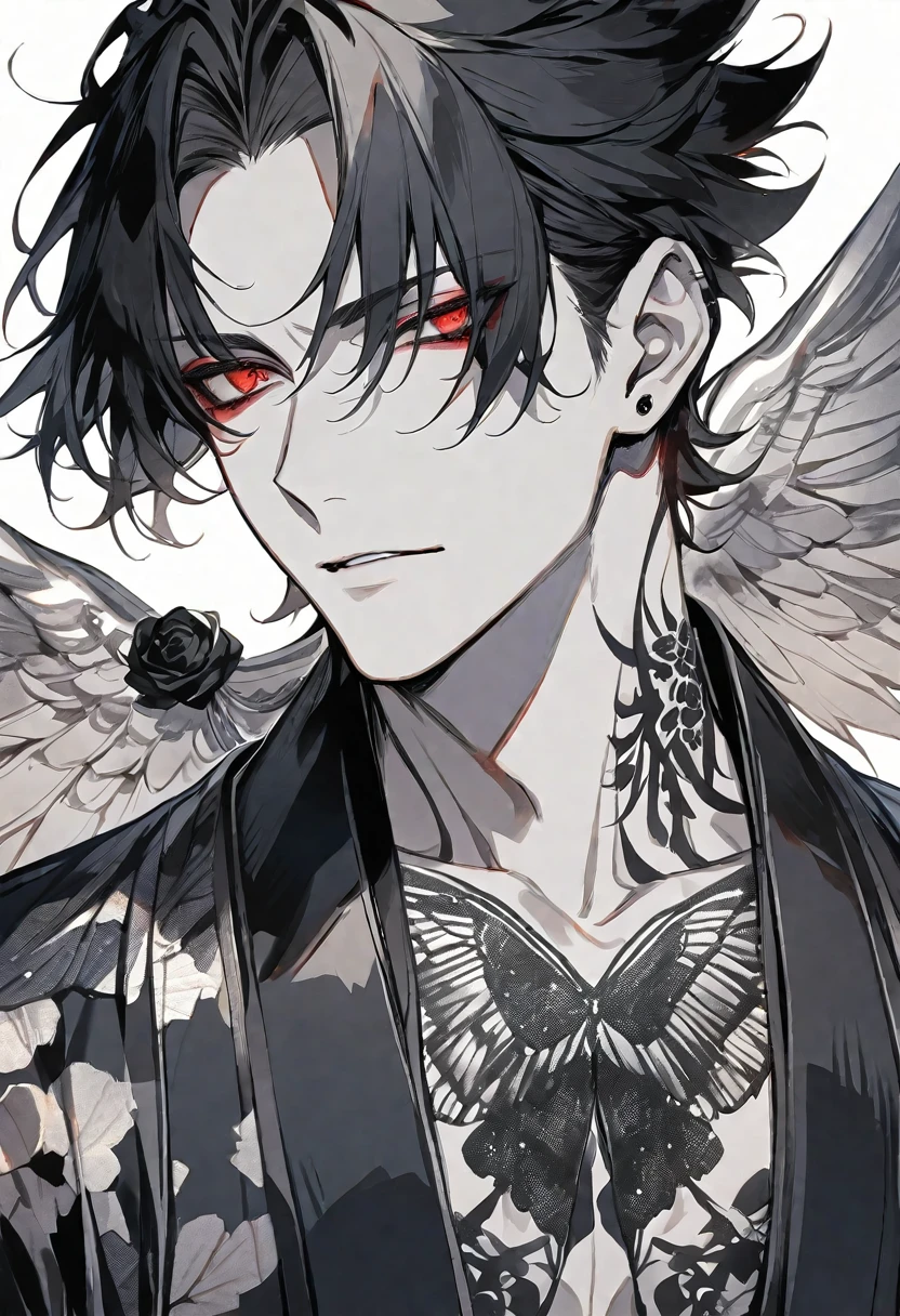 solo,handsome, monotone,Watercolor,
1. male,
bangs,Straight Hair,Bob Hair, マンバン ,
black hair, Gojo Satoru,angel wing,
red Eyes,Black Rose Tattoo,butterfly Tattoo,
Black kimono,Japanese Pattern,
skin,Silver Accessories,
White background,