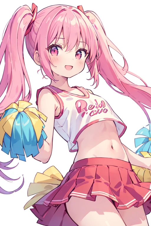 (best quality, masterpiece:1.2), illustrations, a cute girl, cute face, kawaii, early teens,
 1 girl, 14 year old, (cute),
 twintails, pink hair, 
 pink eye,
 small breasts, 
 cheerleader, red crop top, red sleeveless shirt, midriff, red miniskirt, red pleated skirt,
 smile,
 white background,