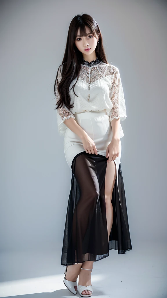 White Room、Black maxi skirt with lace  、Sheer blouse、(Highest quality)、((Very detailed))、4K、(8K)、masterpiece、Super detailed、Highest quality、Super Resolution、One person、Kind Face、Soft Light、Raw quality、Soft Skin、Heel、Thighs、163cm