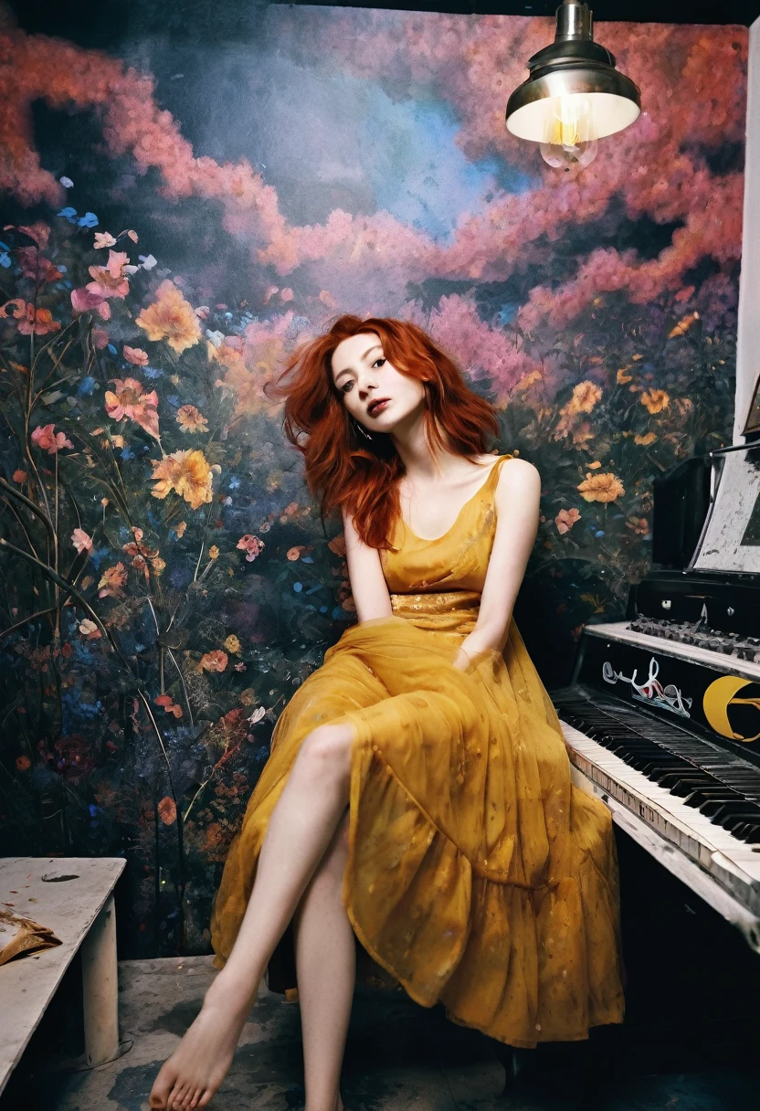 (Best Quality, HDR, raw selfie),redhead woman solo woman, FEET UP, TOES, socks, dreamy cumulus land, extraordinary, dress, flowing summer dress camisole evening, she's with the woman ((tongue)) intrudes, giant dark covers her dark hair, large masculine figure embraces, hidden, her toenails glossy, floating, mud the air molecules are alive, the background hand-painted MURAL biological machine, wiring machine spring, vast colors, painted background, (hand tinted amber), as she makes her way, no makeup, natural, ethereal lovely. FOREGROUND DETAILS, dark shadows and DEEP colors,night, messy hair, film grain, retro, Porta 160 color, shot on ARRI ALEXA 65, long depth of field, raw