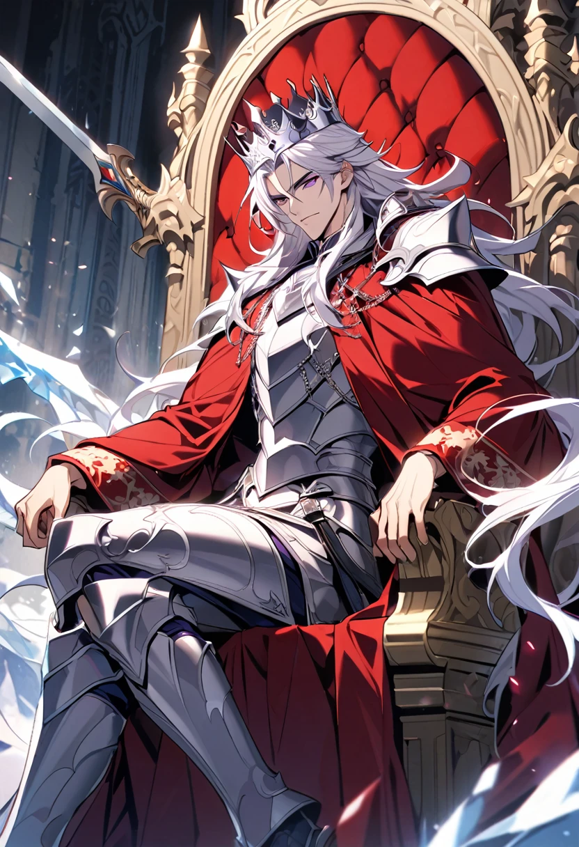 Handsome, crowned, single, 1 male, long hair, white hair, purple eyes, warrior king outfit. Shining silver armor Red coat with white fur sitting on the throne An enormous power swirled like ice mixed with wind. There is a king's crown. There's a shiny sword holy sword