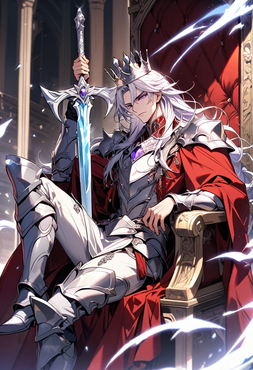 Handsome, crowned, single, 1 male, long hair, white hair, purple eyes, warrior king outfit. Shining silver armor Red coat with white fur sitting on the throne An enormous power swirled like ice mixed with wind. There is a king's crown. There's a shiny sword holy sword