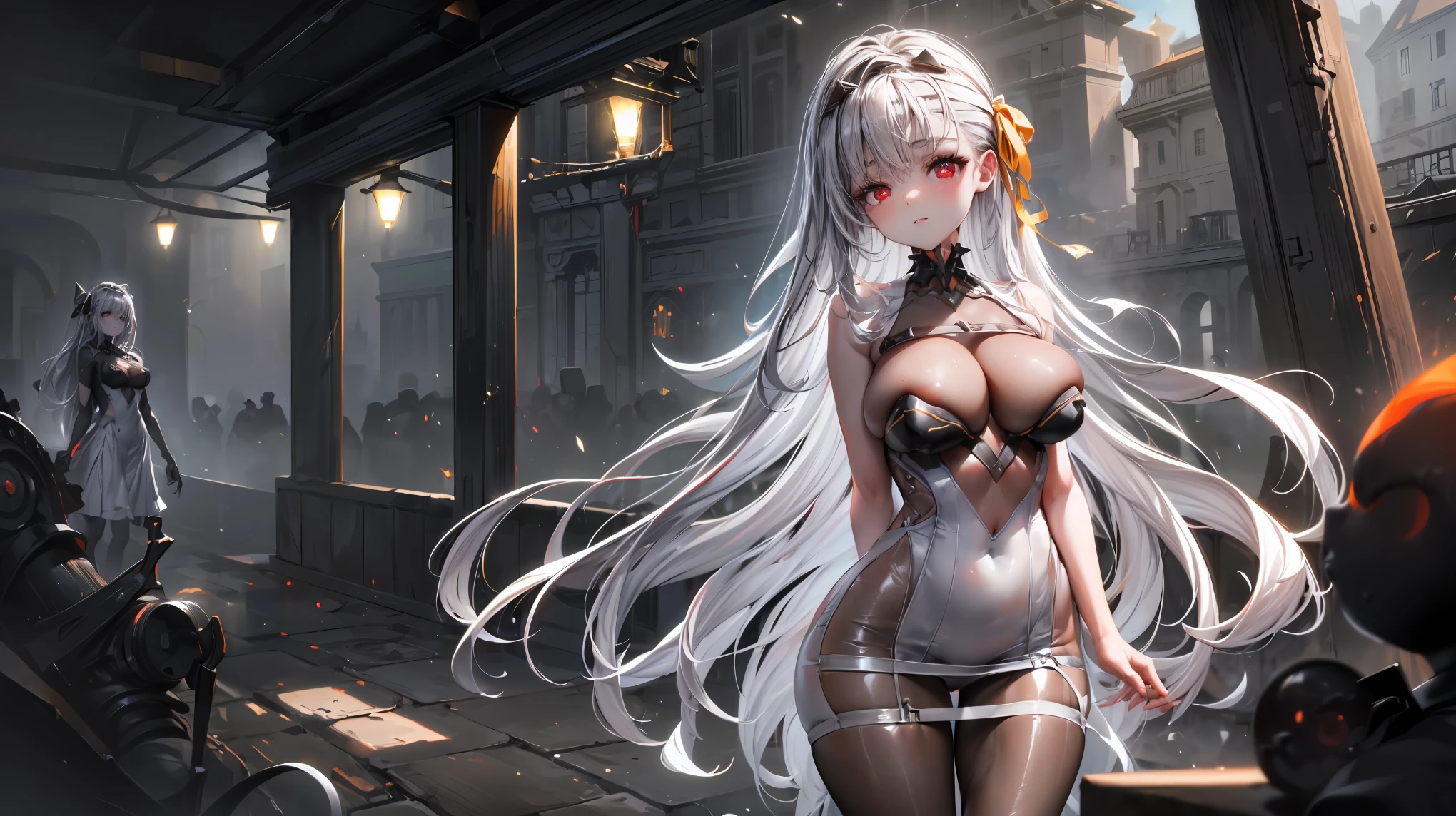 ((((Obra maestra, La mejor calidad, ultrahigh resolution)))), 1girl, standing, (cute maid costume), ((long pure silver hair and grey mesh hair, hair over eye)), long hair cut, pale skin, ((red eyes)), glowing_eyes, neon eyes, (ultra detailed eyes:0.7, beautiful and detailed face, detailed eyes:0.9), ((centered)), smile, ((wide shot)), facing viewer, ((vibrant background, bright lighting, summer, sunlight)), , looking at viewer, ((half closed eyes)), ((perfect hands)), (((head:1, arms,  in view, elbows, arms, legs, in view))), ((hands behind back)), empty eyes, beautiful lighting, ((outside, outdoors)), defined subject, head tilt, (((gritty)), ((creepy)), ((cool)), ((beautiful)), (((SFW)))