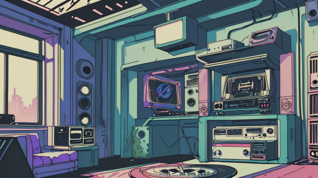 , Super detailed, Retro Wave, cyber punk, Sad mood, night light through the window, night vibes, room, 2D, (Long Shot), Wide Shot, (film noise), Old cartoons, (Lots of records:1.3), (masterpiece, Highest quality, Highest quality, Official Art, beautifully、aesthetic: 1.2), (Very detailed, (Fractal Art: 1.4), guitar, (Note: 1.4), ( Lo-fi hip hop), Indoor scenery by the window, Old Anime Texture, alone, speaker, cyber punk, vinyl, night、boy、９０s、jazz