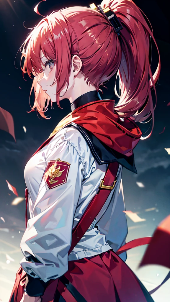 profile background, anime girl, serious face, ponytail, long red hair, blush, eyes yellow, student clothing, high-res portrait, detailed eyes and face, character, fantasy, advanced urban, looking from behind at viewer, 4K, high resolution