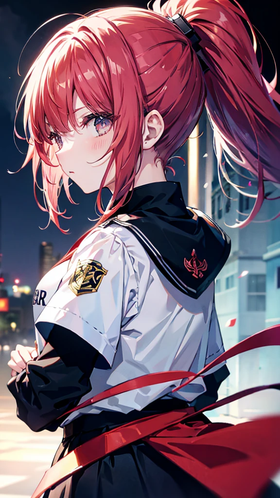 profile background, anime girl, serious face, ponytail, long red hair, blush, eyes yellow, student clothing, high-res portrait, detailed eyes and face, character, fantasy, advanced urban, looking from behind at viewer, 4K, high resolution