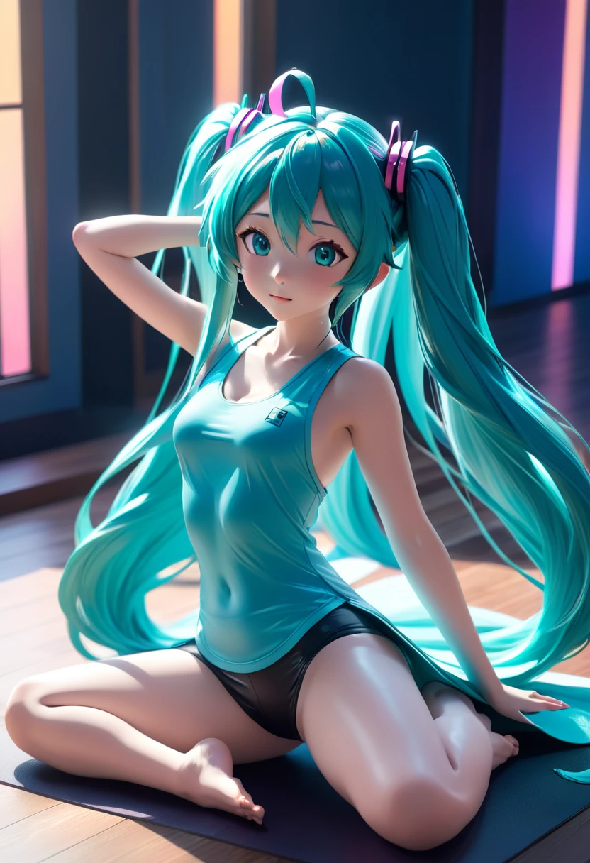 a beautiful, detailed 1girl, hatsune miku, doing yoga, in a  pose, dynamic dutch angle view, high angle, masterpiece, 1.2, 8k, hyperrealistic, ultra-detailed, realistic lighting, vibrant colors, volumetric lighting, intricate details, elegant, graceful, ethereal, glowing skin, long flowing hair, cinematic composition