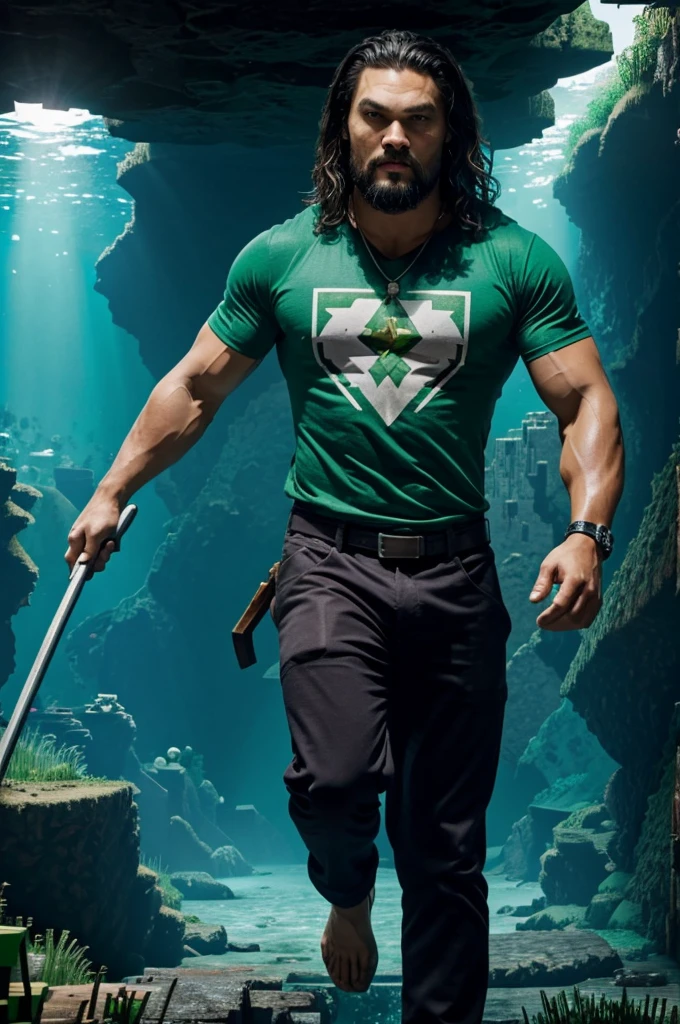 In the image you can see Jason Momoa, characterized as Steve from Minecraft, extending his hand towards a shiny mineral. He is in an underwater cave with a pickaxe on his back, illuminated by the green light of minerals. He wears a blue t-shirt, and the title "The Minecraft Movie" seen in the upper right, with the text "First Trailer" In the bottom left.