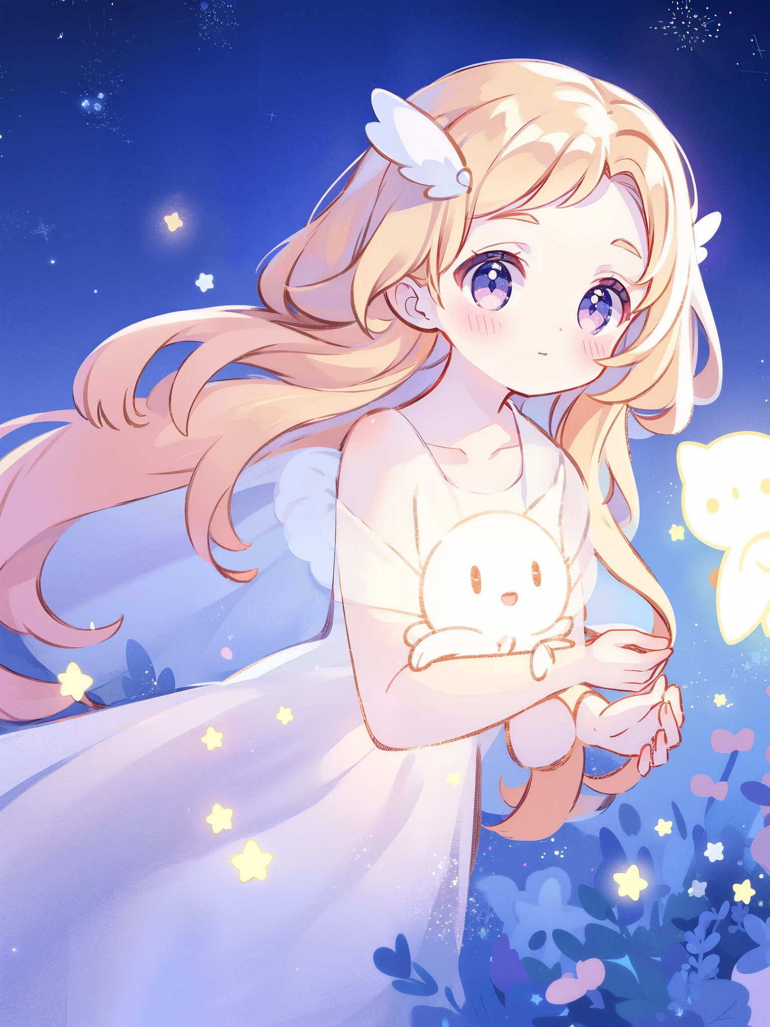 angel girl wearing an ethereal translucent dress, pale skin and light pink hair, white feathers, angel wings, sparkling detailed eyes, golden ratio face, perfect composition, highly detailed, ethereal, (starry night sky background), midjourney style
