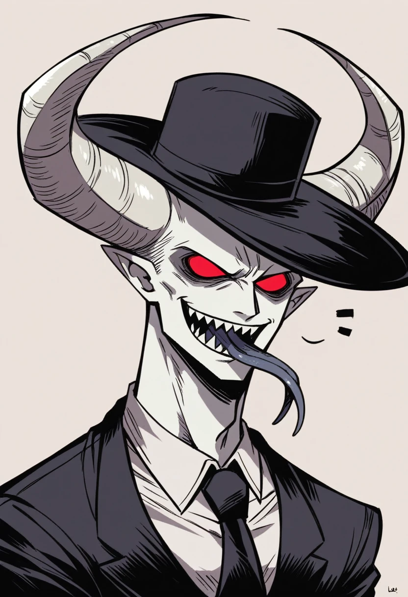 Suggestion, the Ink Demon, It is an imposing being approximately 2 meters tall. His muscular, well-defined body is covered in completely white skin., with half of his face contrasting in an intense black tone. Instead of eyes, there are only formless voids, as his mouth stretches from edge to edge in a pointed, menacing smile, with a forked tongue that moves with almost serpentine grace.

Two pairs of black, curved horns rise imposingly from its head., passing through a stylish 90s dress hat. Your attire is equally refined, composed of a dark suit, white dress shirt and black tie, giving it a sophisticated and intimidating look. 

A cauda de demônio de Suggestion se move fluidamente, almost like a third arm, further adding to its imposing and unsettling presence. Your movements are fluid and deliberate, demonstrating absolute self-control, while his empty eyes seem to pierce the soul of anyone who dares to face him.

Suggestion é o epítome da tentação e do caos, using your physical attraction and provocative personality to manipulate and take advantage of any opportunity that arises. His deep understanding of both Hell and humanity makes him a formidable and unpredictable adversary to those who cross his path.. ( make him smile with his sharp teeth)
