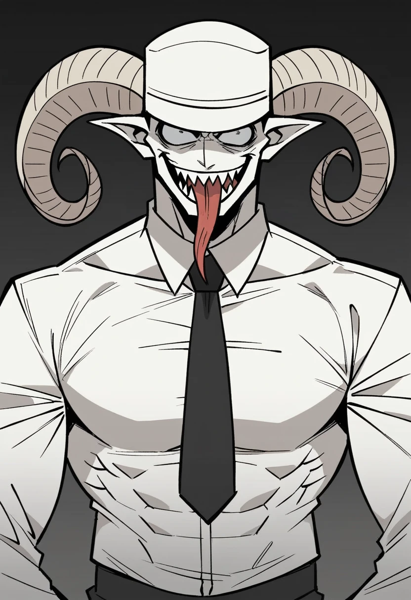 Suggestion, the Ink Demon, It is an imposing being approximately 2 meters tall. His muscular, well-defined body is covered in completely white skin., with half of his face contrasting in an intense black tone. Instead of eyes, there are only formless voids, as his mouth stretches from edge to edge in a pointed, menacing smile, with a forked tongue that moves with almost serpentine grace.

Two pairs of black, curved horns rise imposingly from its head., passing through a stylish 90s dress hat. Your attire is equally refined, composed of a dark suit, white dress shirt and black tie, giving it a sophisticated and intimidating look. 

A cauda de demônio de Suggestion se move fluidamente, almost like a third arm, further adding to its imposing and unsettling presence. Your movements are fluid and deliberate, demonstrating absolute self-control, while his empty eyes seem to pierce the soul of anyone who dares to face him.

Suggestion é o epítome da tentação e do caos, using your physical attraction and provocative personality to manipulate and take advantage of any opportunity that arises. His deep understanding of both Hell and humanity makes him a formidable and unpredictable adversary to those who cross his path.. ( make him smile with his sharp teeth)
