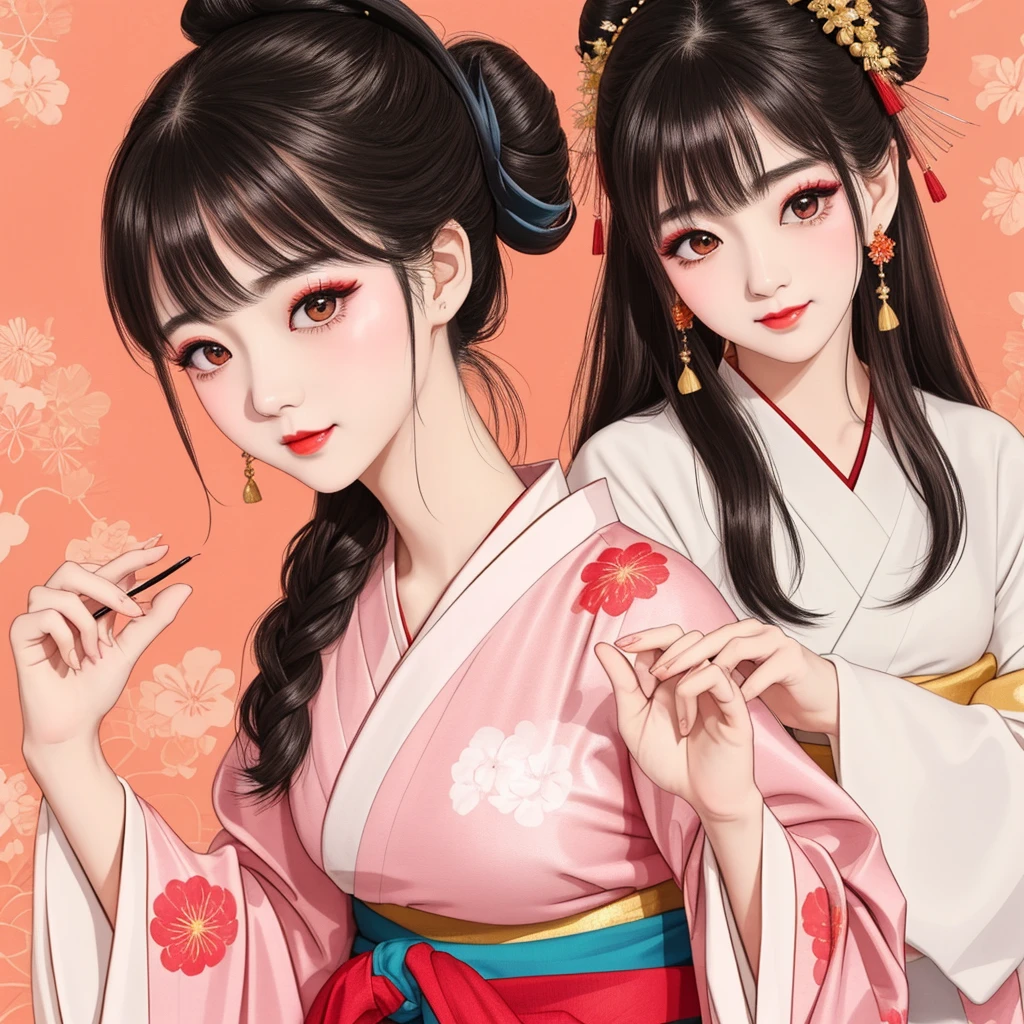 Each has a different expression２People and sisters、(２ girls）、｟Dancing traditional arts with grace)、((Big Breasts、Small Face、Not exposed))、Highest quality、masterpiece、（Black Hair、Bun Hair）、Brown Eyes、｟Wide angle、Angle from above the waist、雑誌の表紙のPause、Their gazes are different, gazing into the distance｠、(８K High Quality、masterpiece、High resolution、Realistic and beautiful light and shadow、(Highest quality)、(High Resolution)、(Very delicate and beautiful)、(Beautiful 8k face)、(With a smile、Beautiful eyes)、(Clear skin)、(Soft hair)、(８Head to Body)、(A Japanese style yukata kimono with red, pink and orange floral patterns on a white background, interspersed with gold powder、Wearing a yukata２Beautiful Japanese girls)、((Tanabata decoration background))、((Small Face))、(arms up)、Thin and small nose、（Red lipstick）、（Make your cheeks red）、（Glossy skin）、((Ink painting style))、Very thin eyebrows、Overall ultra-high image quality、（She is wearing maiko-style makeup.）、Whitening、Long and beautiful eyelashes、Glowing Skin、（Red cheeks）,Straight nose、masterpiece、Highest quality、whole body、 Eyebrows visible through hair、Bun Hair、Grin、Gal、コGal、Viewer&#39;s Eyes、Plaid、Stylish、woman、fine、Pause、
Waiting to start 
