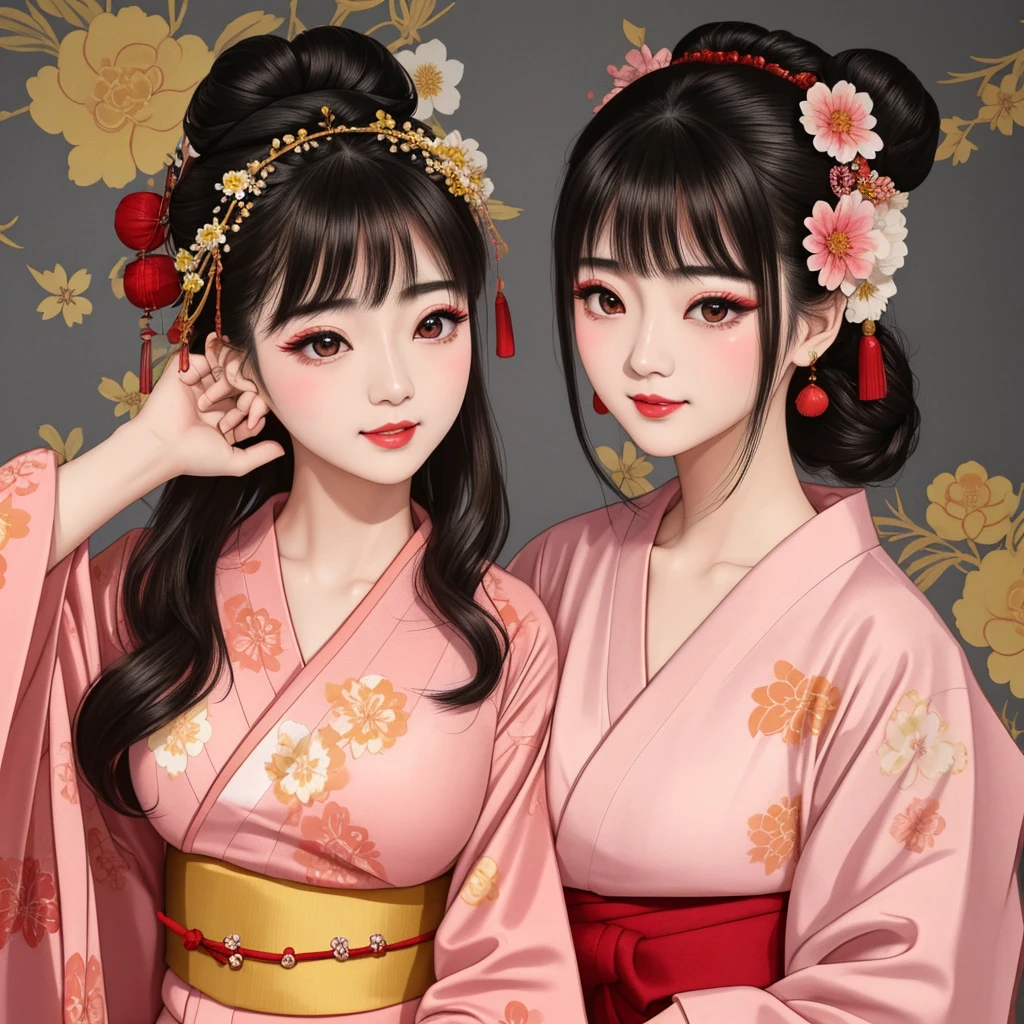 Each has a different expression２People and sisters、(２ girls）、｟Dancing traditional arts with grace)、((Big Breasts、Small Face、Not exposed))、Highest quality、masterpiece、（Black Hair、Bun Hair）、Brown Eyes、｟Wide angle、Angle from above the waist、雑誌の表紙のPause、Their gazes are different, gazing into the distance｠、(８K High Quality、masterpiece、High resolution、Realistic and beautiful light and shadow、(Highest quality)、(High Resolution)、(Very delicate and beautiful)、(Beautiful 8k face)、(With a smile、Beautiful eyes)、(Clear skin)、(Soft hair)、(８Head to Body)、(A Japanese style yukata kimono with red, pink and orange floral patterns on a white background, interspersed with gold powder、Wearing a yukata２Beautiful Japanese girls)、((Tanabata decoration background))、((Small Face))、(arms up)、Thin and small nose、（Red lipstick）、（Make your cheeks red）、（Glossy skin）、((Ink painting style))、Very thin eyebrows、Overall ultra-high image quality、（She is wearing maiko-style makeup.）、Whitening、Long and beautiful eyelashes、Glowing Skin、（Red cheeks）,Straight nose、masterpiece、Highest quality、whole body、 Eyebrows visible through hair、Bun Hair、Grin、Gal、コGal、Viewer&#39;s Eyes、Plaid、Stylish、woman、fine、Pause、
Waiting to start 
