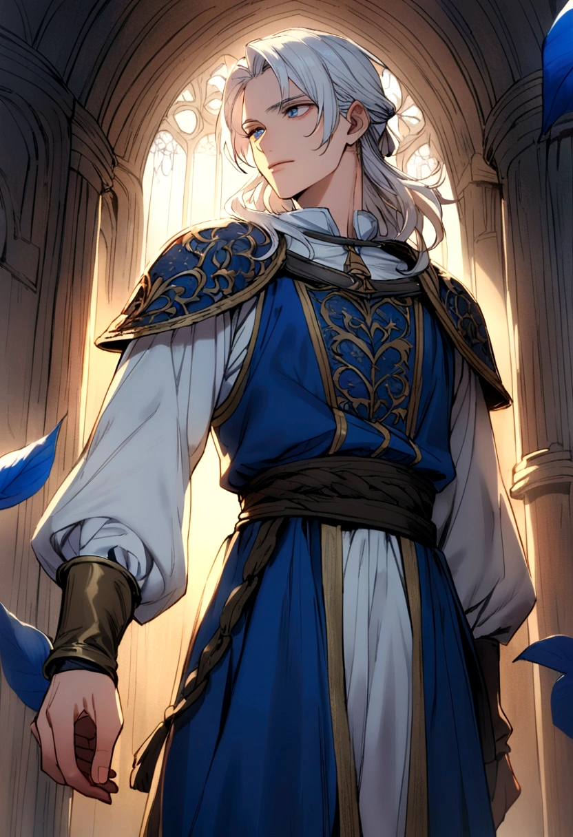 25 year old man long white hair, blue leaves, in medieval clothing