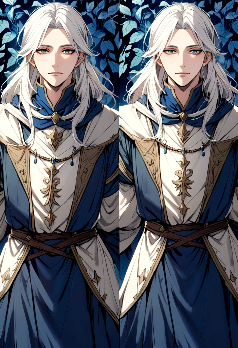 25 year old man long white hair, blue leaves, in medieval clothing