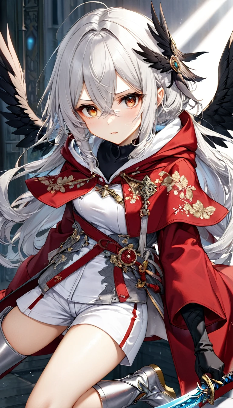 Highest quality, Super quality, 16K, Incredibly absurd, Very detailed, Silver Hair，delicate and dynamic, A cool beauty and a cute female swordsman,Body Inspection 50ｃｍAbout， Big Holy Sword, A long red coat with a gold embroidered hood,, White trousers, Knee-high boots, Disheveled silver hair and hair between the eyes, Glowing aura image effect，Delicate eyes，Large black wings on its back，There is only one sword