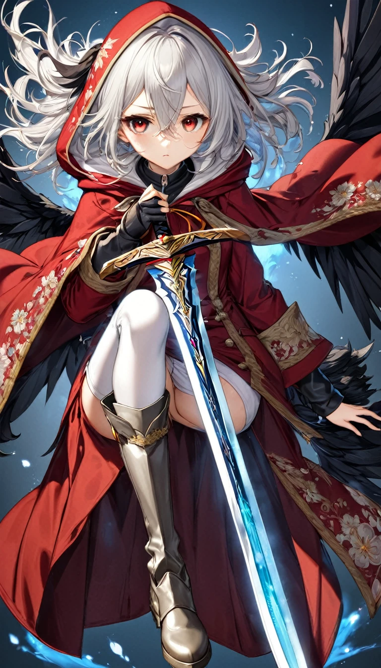 Highest quality, Super quality, 16K, Incredibly absurd, Very detailed, Silver Hair,delicate and dynamic, A cool beauty and a cute female swordsman,Body Inspection 50cmAbout, Big Holy Sword, A long red coat with a gold embroidered hood,, White trousers, Knee-high boots, Disheveled silver hair and hair between the eyes, Glowing aura image effect,Delicate eyes,Large black wings on its back,There is only one sword