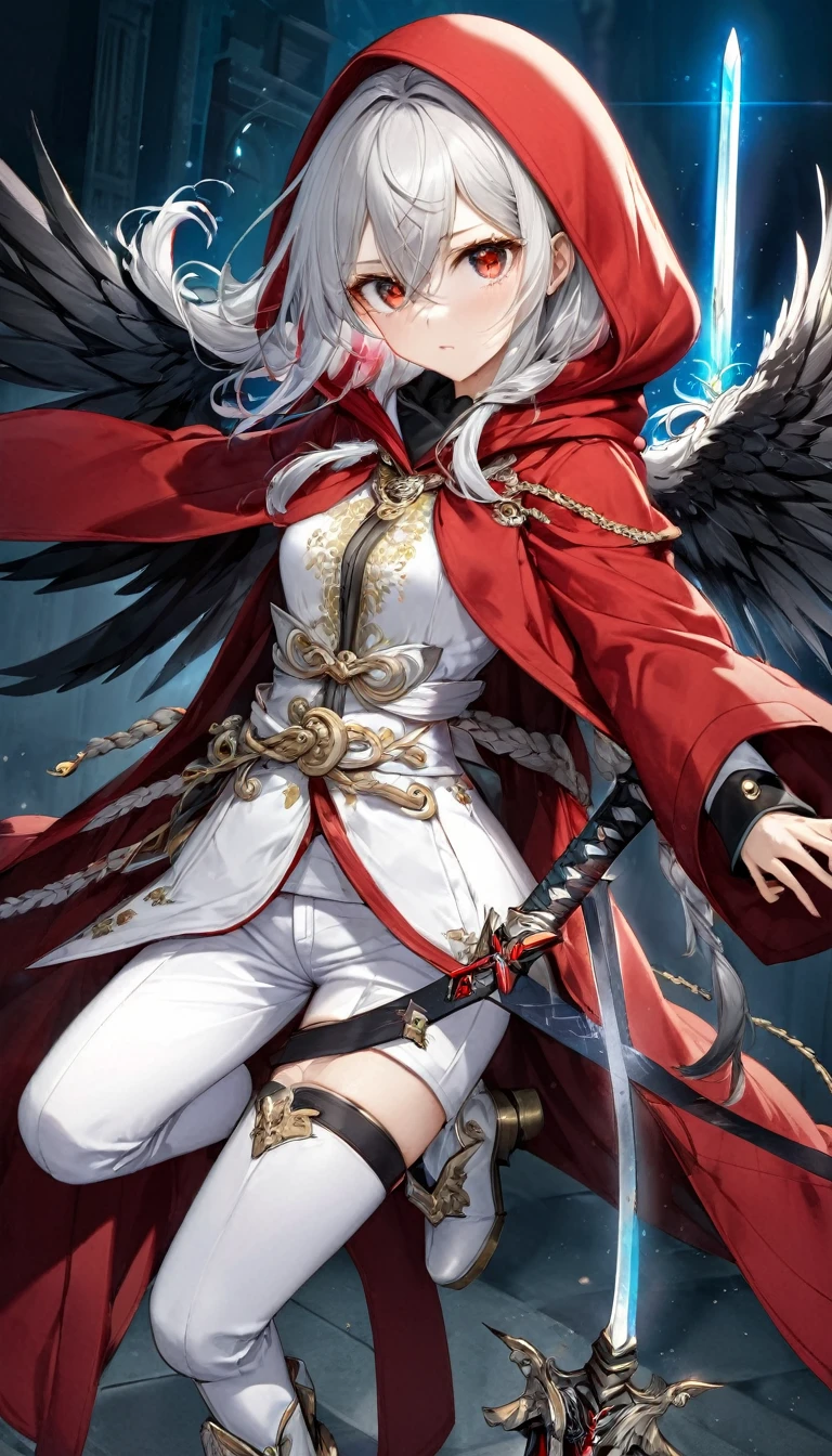 Highest quality, Super quality, 16K, Incredibly absurd, Very detailed, Silver Hair，delicate and dynamic, A cool beauty and a cute female swordsman,Body Inspection 50ｃｍAbout， Big Holy Sword, A long red coat with a gold embroidered hood,, White trousers, Knee-high boots, Disheveled silver hair and hair between the eyes, Glowing aura image effect，Delicate eyes，Large black wings on its back，There is only one sword