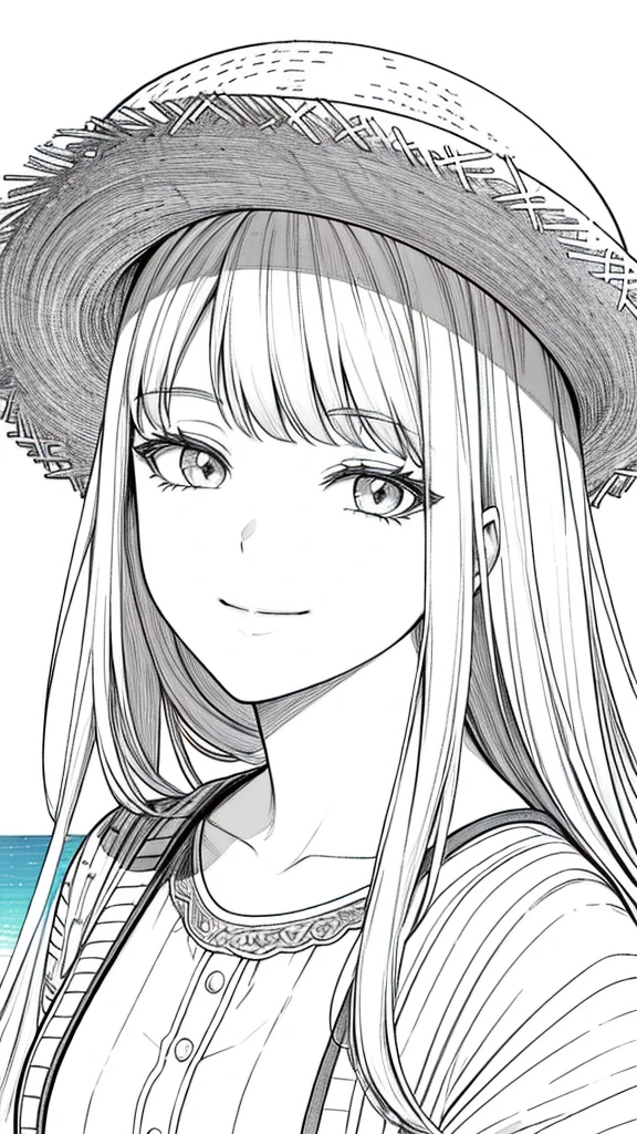 Masterpiece, best quality, (detailed background), high contrast, 1 girl,wearing straw hat, highly detailed face, wide shot portrait, smiling face,summer holiday shirt, looking to the sky,beach background, clean line drawings,