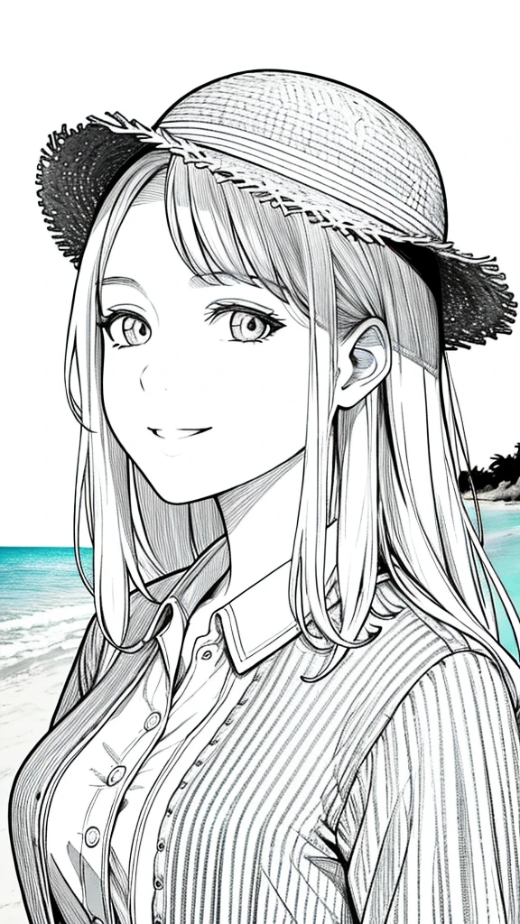 Masterpiece, best quality, (detailed background), high contrast, 1 girl,wearing straw hat, highly detailed face, wide shot portrait, smiling face,summer holiday shirt, looking to the sky,beach background, clean line drawings,