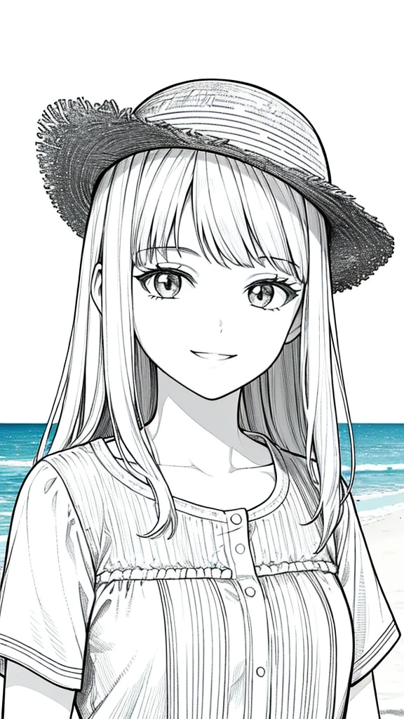 Masterpiece, best quality, (detailed background), high contrast, 1 girl,wearing straw hat, highly detailed face, wide shot portrait, smiling face,summer holiday shirt, looking to the sky,beach background, clean line drawings,