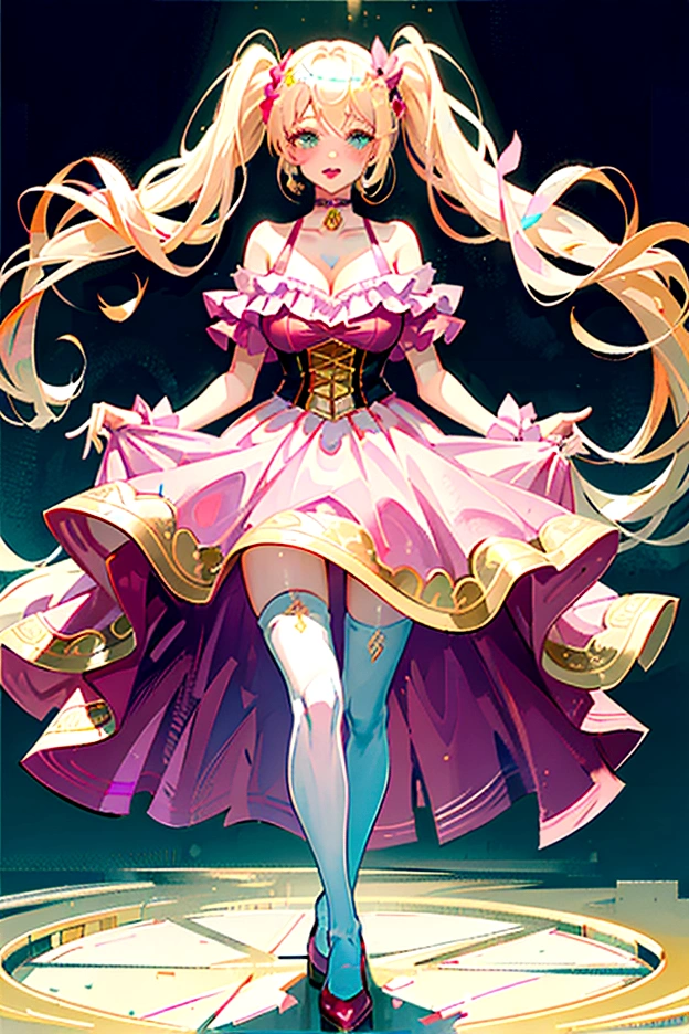 (masterpiece), best quality, expressive eyes, perfect face, Sexy female, (((bimbo))), blonde hair, green eyes, huge fake breasts, huge butt, full body, (1girl), (fabulous pink dress), gold bracelets, pink choker, gold hoop earrings, pink high heels, (pink bedroom background), plump lips, pink lipstick, spoiled, smartphone, makeup, spoiled rotten, sex toy, white stockings, gold accents