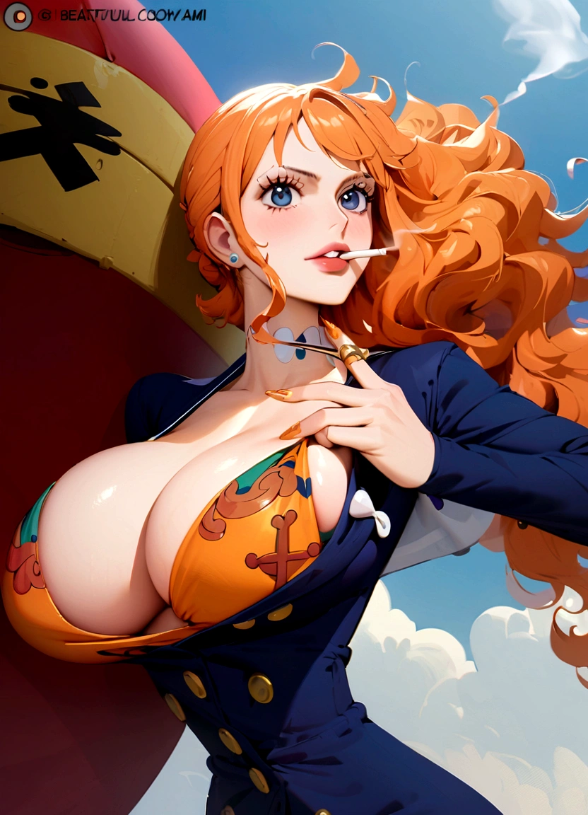 sailor girl with a big breast and a big breast, nami one piece, nami from one piece, beautiful portrait of nami, nami, from one piece, smoking, blue eyes