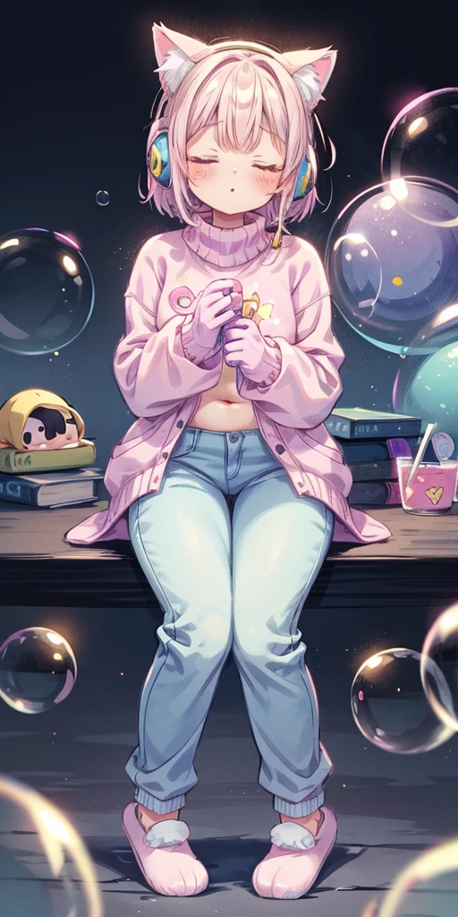 cat girl, solo, gloves, fluffy clothes, pants, sweater, sleeves, socks, slippers, pastel colors, (purple, blue, pink, yellow), cozy, dreamy, stars, stickers, bubbles, glitter, sparkles, plushies, headphones