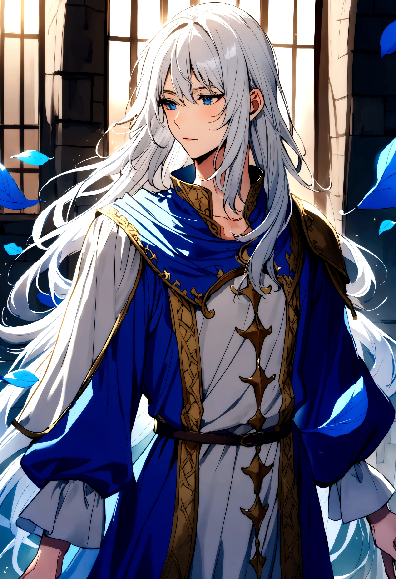 25 year old man shoulder length white hair, blue leaves, with medieval shirt