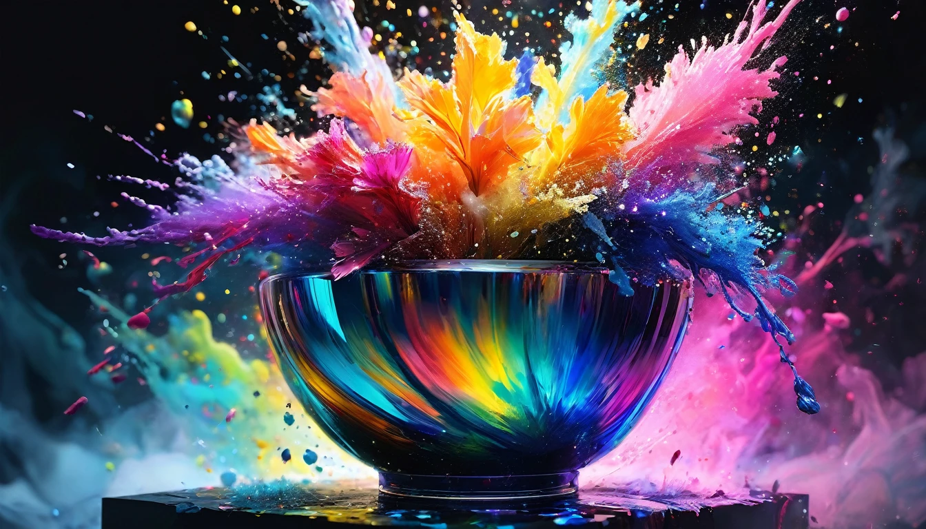 Create a stunning 3D illustration with a crystal vase at the center, surrounded by an explosive burst of fine watercolor powder. Each particle in the burst should glow with a metallic sheen. Make the burst spread onto the vase. The dynamic spread of colors against a solid black backdrop should create a striking contrast, highlighting the crystal vase and emphasizing the brilliance of the metallic elements.