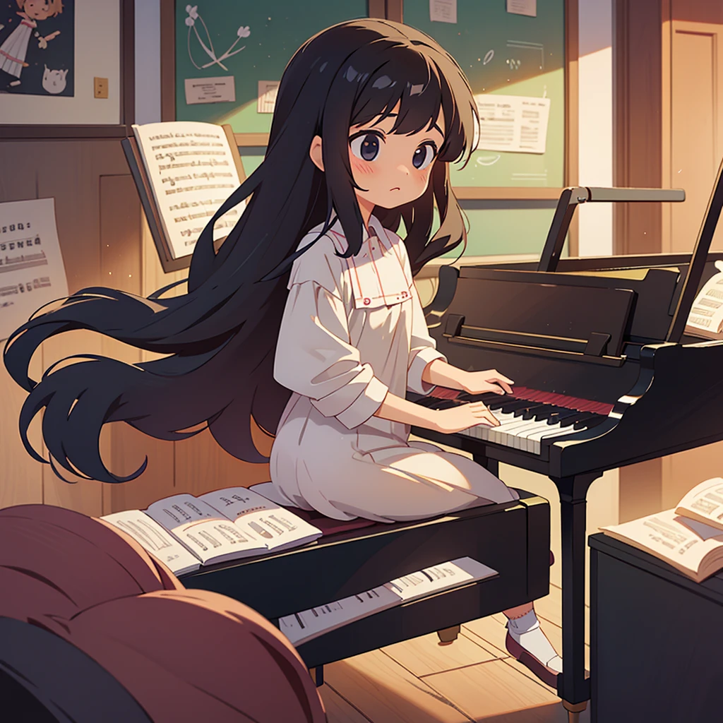 A third-grade elementary school girl practicing piano in her room. The girl has long hair. The girl has black hair. The girl is sitting on a chair and playing the piano. The girl is playing the piano happily. The piano keys are carefully and meticulously generated.