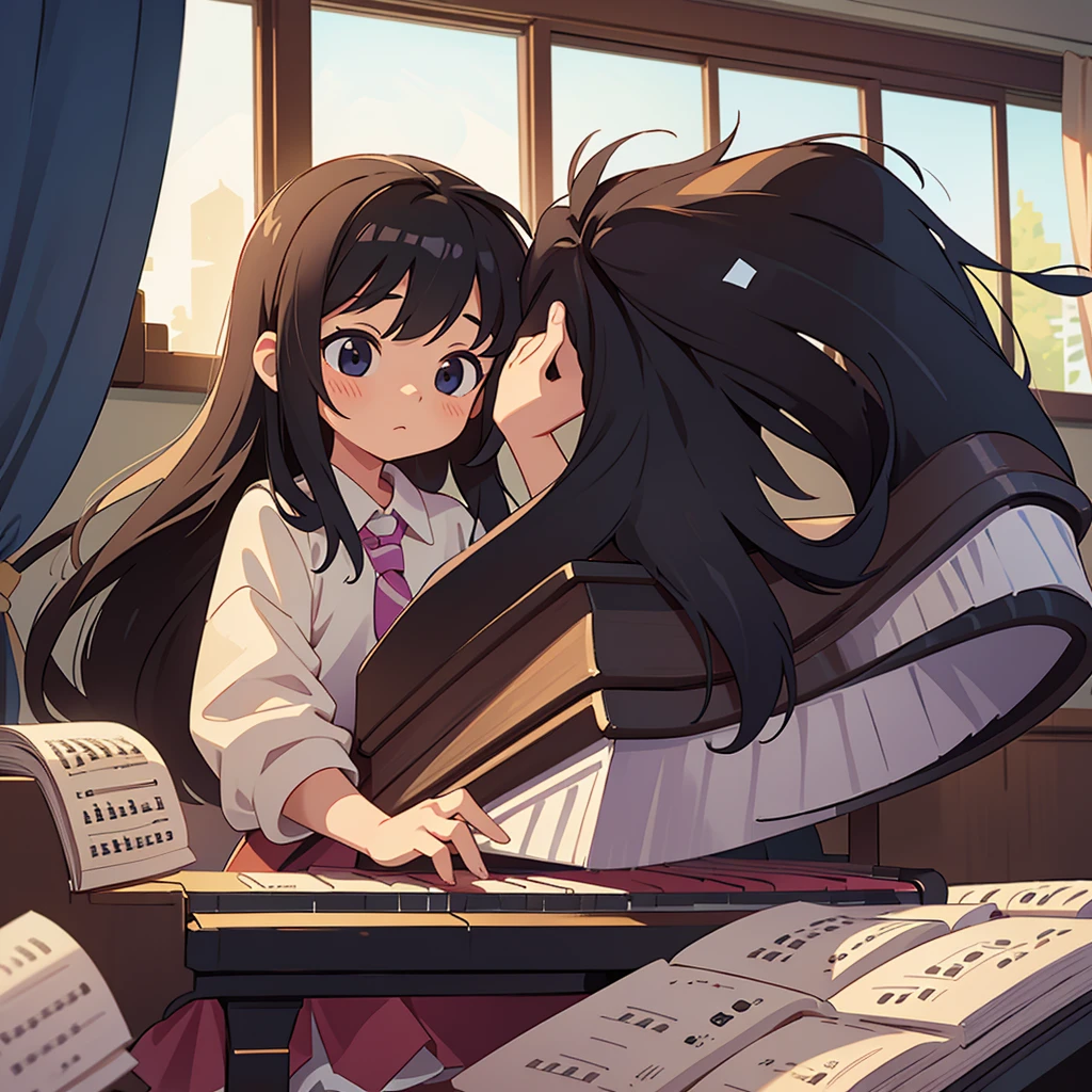 A -gradeticing piano in her room. The girl has long hair. The girl has black hair. The girl is sitting on a chair and playing the piano. The girl is playing the piano happily. The piano keys are carefully and meticulously generated.