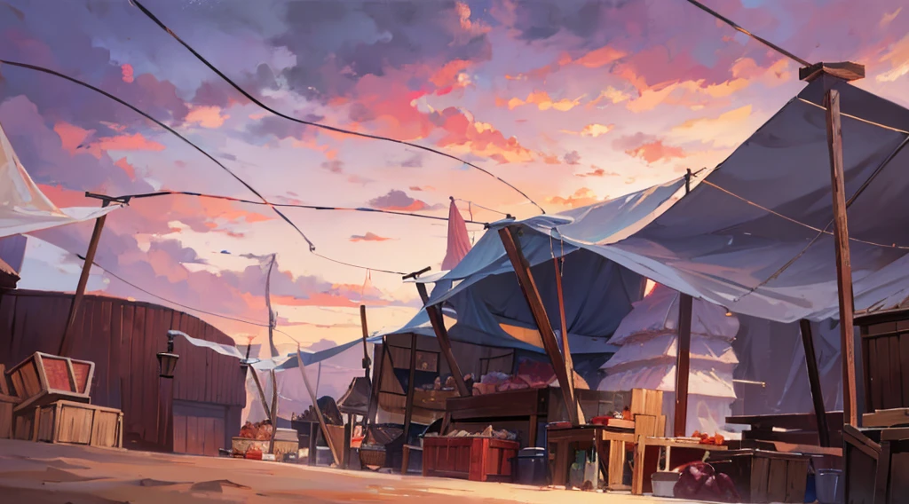 traditional market, market tents, butchery, (they sell human flesh, meats, bones), wooden table, wooden boxes, wooden basket, string, sand ground, dawn sky, dark morning,