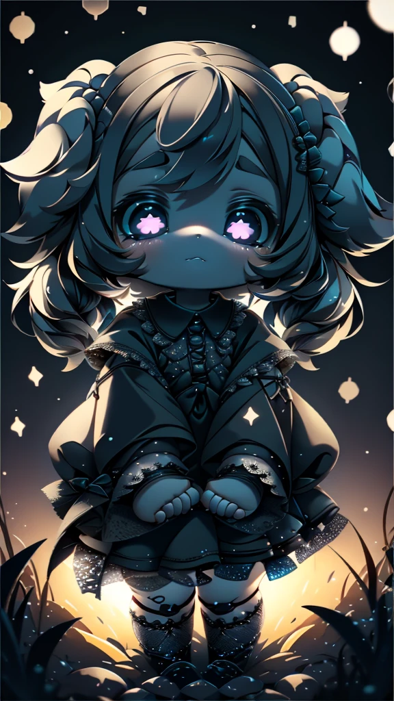 High quality、plastican00d、Realistic Light、Spotlight from above、pretty girl、Black Gothic Fashion、Two-headed appearance、Doll、Chibi、plastic、Roll Twin Tail、Bright starry sky