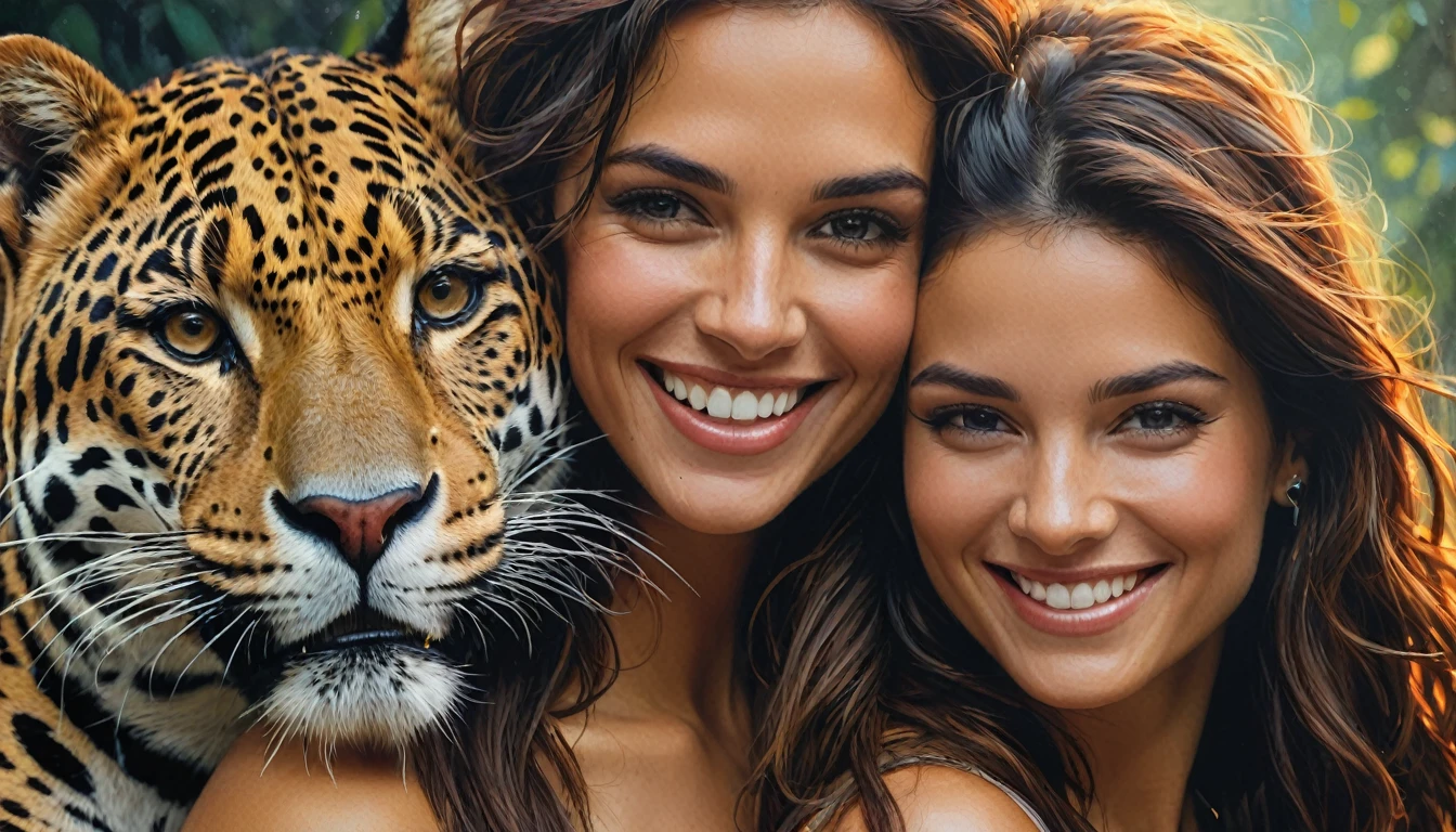 half body,
a woman smile with her best friend her jaguar,
dark complex background, style by Thomas Kinkade+David A. Hardy+Carne Griffiths+Mandy Disher half vivid colors fine art, best quality, high detailed, detailed faces, 2d,