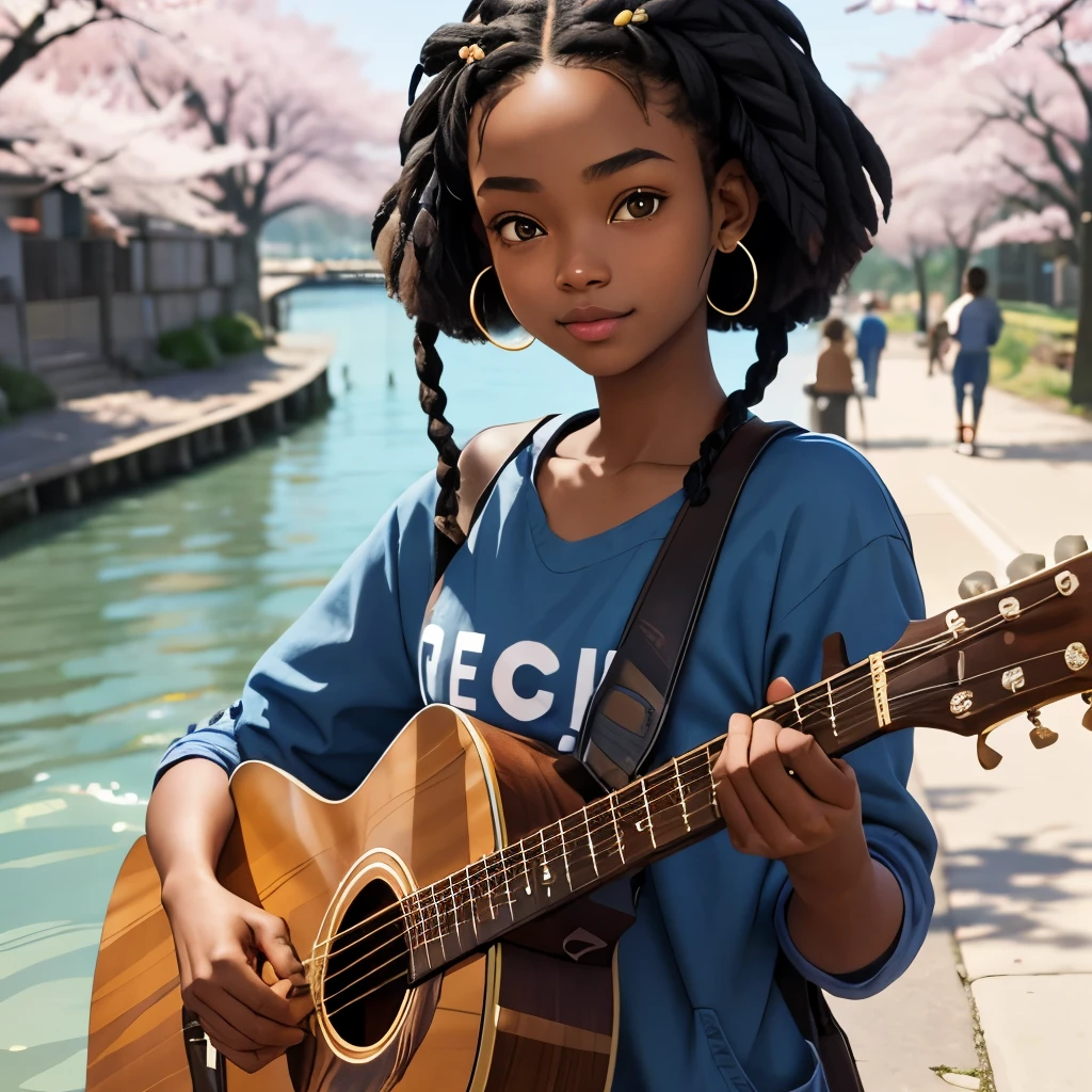 masterpiece, best quality), deep ebony 1 girl, men, beautiful face, short Afro braids , cute, , beautify, Lofi vibe,, daytime vibe, concentrated, hands outside of the picture , chill clothing, cute look, clothing is dry and baggy, small breasts, teen vibe, cute smile, outside, guitar, next to the river, morning, cherry blossoms 