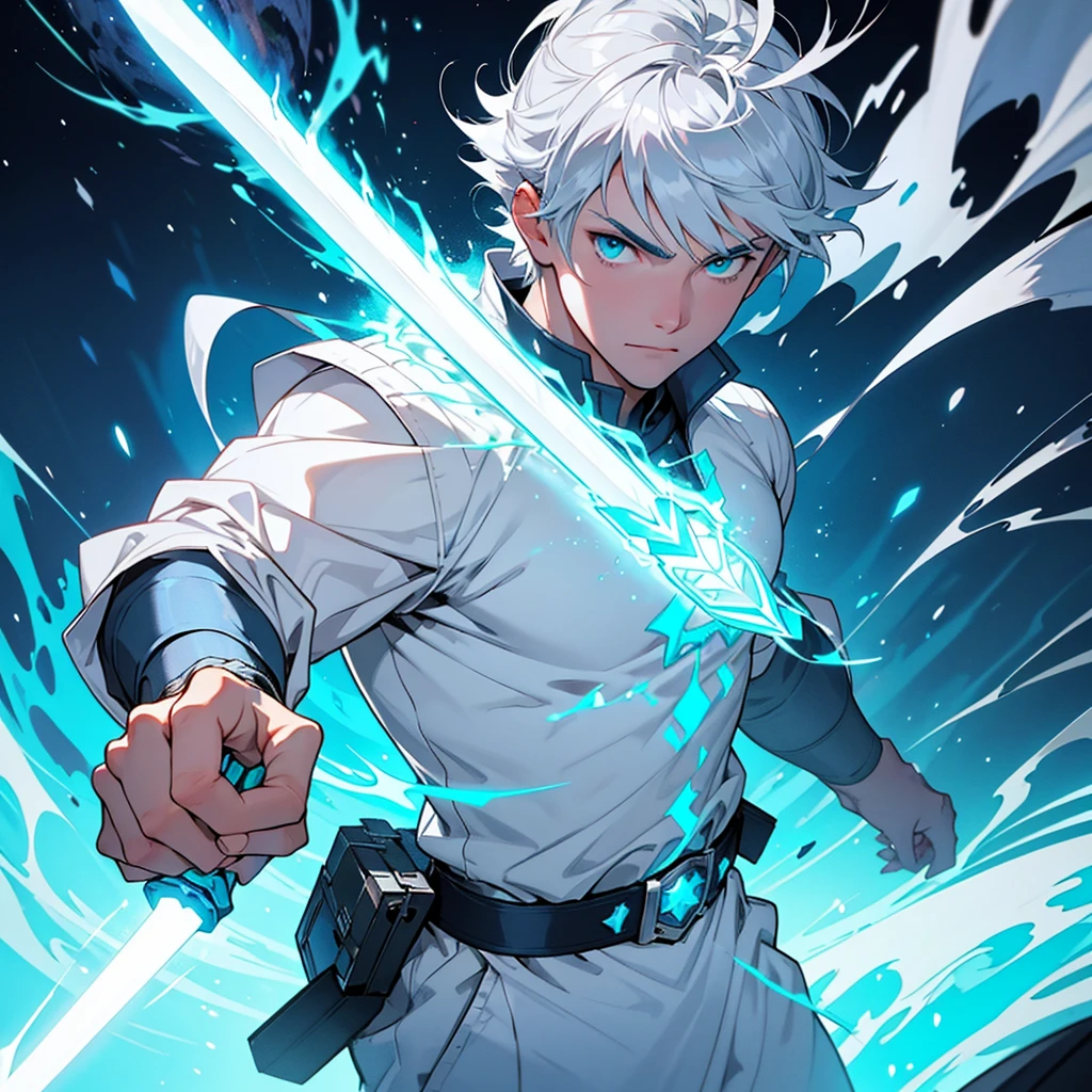 The short silver-haired hero with the power to have any power to conjure bolts of cosmic energy, adolescent, white clothes, cyan and silver. Bearer of the silver sword 