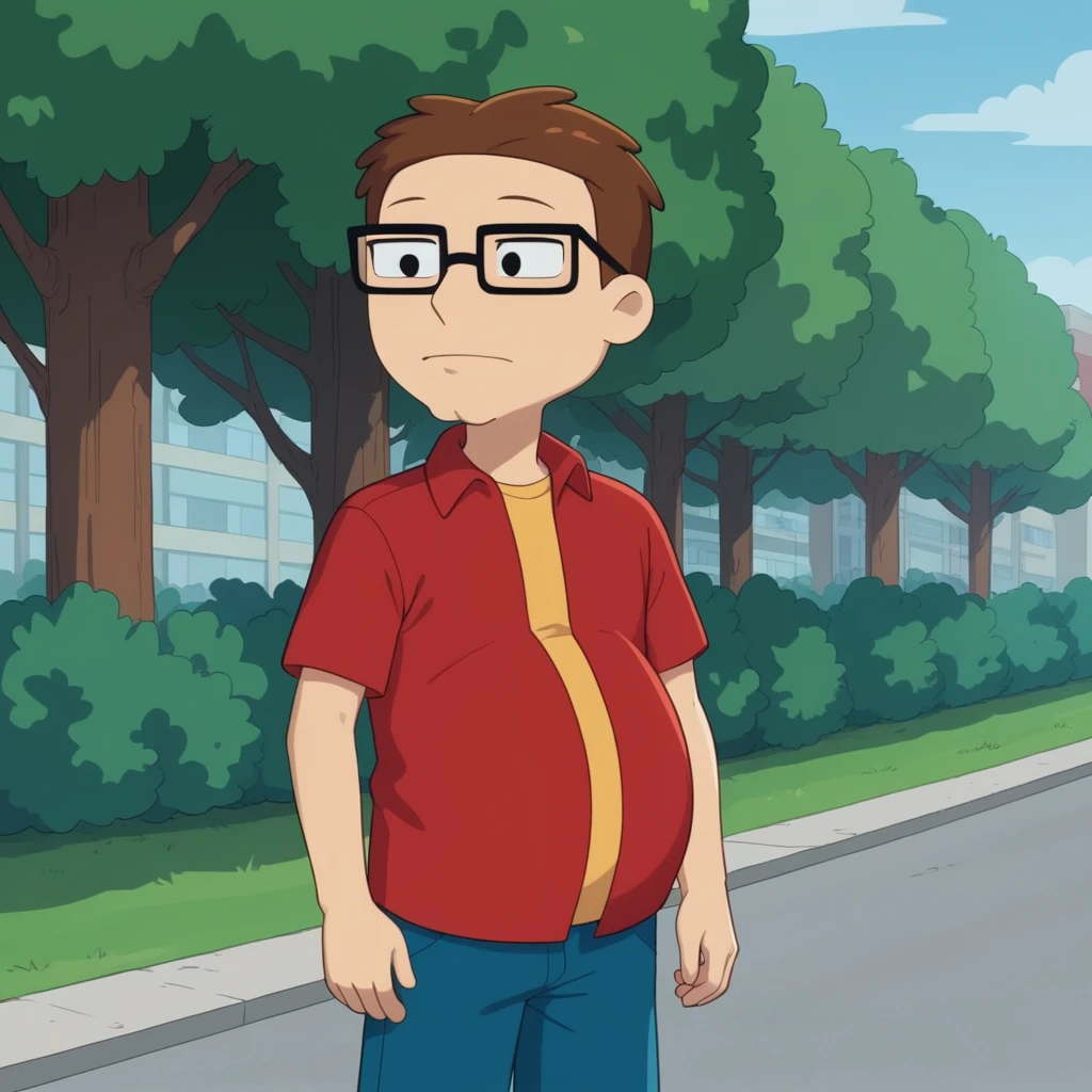 score_7_up, BREAK, Steve smith, 1boy,  solo, black eyes, glasses,  red shirt, yellow shirt,   cowboy shot,  outdoors, hyper-pregnant 