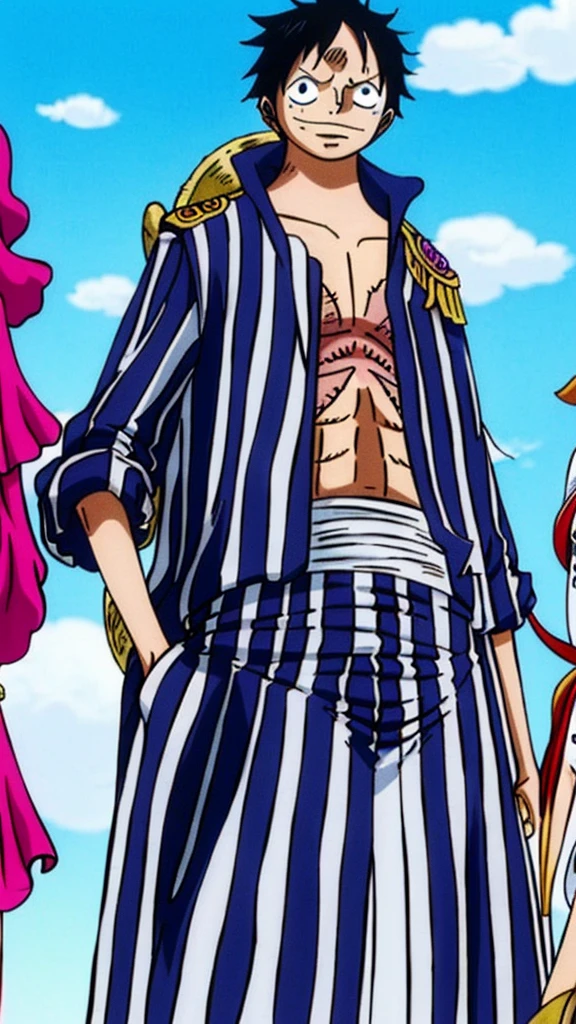A girl from One Piece with white hair and golden eyes who is from the crew of the pirate Trafalgar Law, nicknamed the Surgeon of Death, has short black hair and long sideburns and a short chin only on the chin and gray eyes. He never smiles and is standing still. next to him she is short