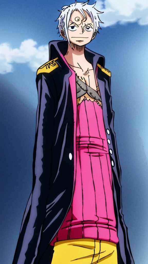 A girl from One Piece with white hair and golden eyes who is from the crew of the pirate Trafalgar Law, nicknamed the Surgeon of Death, has short black hair and long sideburns and a short chin only on the chin and gray eyes. He never smiles and is standing still. next to him she is short