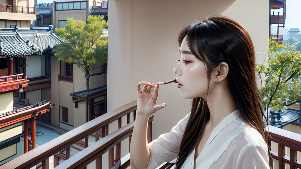 Beautiful woman smoking on the balcony。profile
