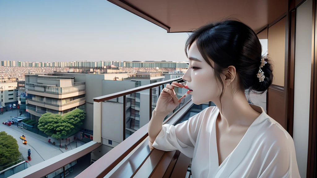 Beautiful woman smoking on the balcony。profile