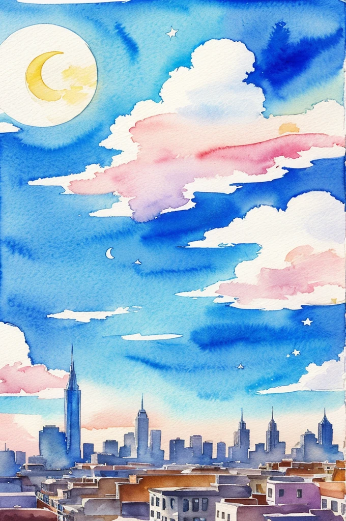 Pieces of the moon, in a city, Looking at the sky, remembering a love, colorful in watercolor, until