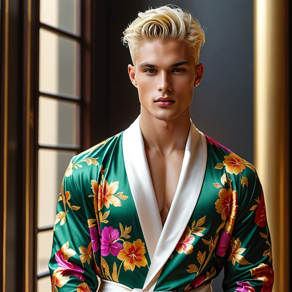 Candid Vogue fashion editorial shot of 2man, mixed of male supermodel, 24-37 year old, short platinum blonde hair in an undercut hairstyle, masculine appearance with slender physique, small pectorals, symmetric face, natural olive skin tone exudes youthfulness and athleticism, he is very photogenic man, Position him against an ornate dark background featuring a framed floral painting to add depth and richness to the scene, (He wears an open luxurious white and rainbow patterned suit whit short pants), revealing a hint of his semi hard bulge, His expression is serene and slightly introspective, with a soft, confident gaze directed slightly off-camera, Utilize natural soft lighting streaming in from a window, casting gentle highlights and shadows that accentuate the contours of his face and the texture of his robe, The light creates a warm intimate atmosphere with a golden tone that enhances his skin and the robe, The interplay of light and shadow adds depth and dimension to the scene, slightly blurred focus background, bringing him into sharp clear detail while the rich tones of the background enhance the overall opulence of the image. Capture full-body short, dynamic angle, using a Canon EOS R7 and Sigma AF 85mm F1.4 EX DG HSM lens by Thomas Synnamon, Employ a shallow depth of field to focus closely on his face and body while softly blurring the background, Draw inspiration from high-fashion photographer, emphasize detail, texture and a sophisticated luxurious atmosphere, Emphasize the golden warm lighting and its effect on enhancing his features and the robe's rich textures, creating a visually captivating and elegant portrait that exudes warmth and sophistication, The overall mood blend the classical elegance of the modern, high-fashion aesthetic, producing an image that feels both timeless and contemporary, raw photo, masterpiece, best quality, Correct body structure, Correct photo distance, LGBTQ,
