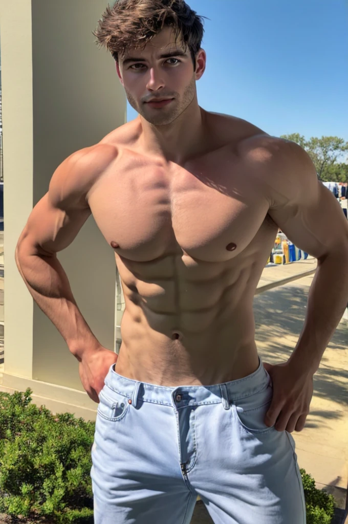 a handsome topless boy, masculine, realistic, upper_body, (masterpiece, best quality:1.2), darelljones, elegant pose, white shirt, blue jeans, outdoors, natural light,, (masterpiece,best quality:1.5)