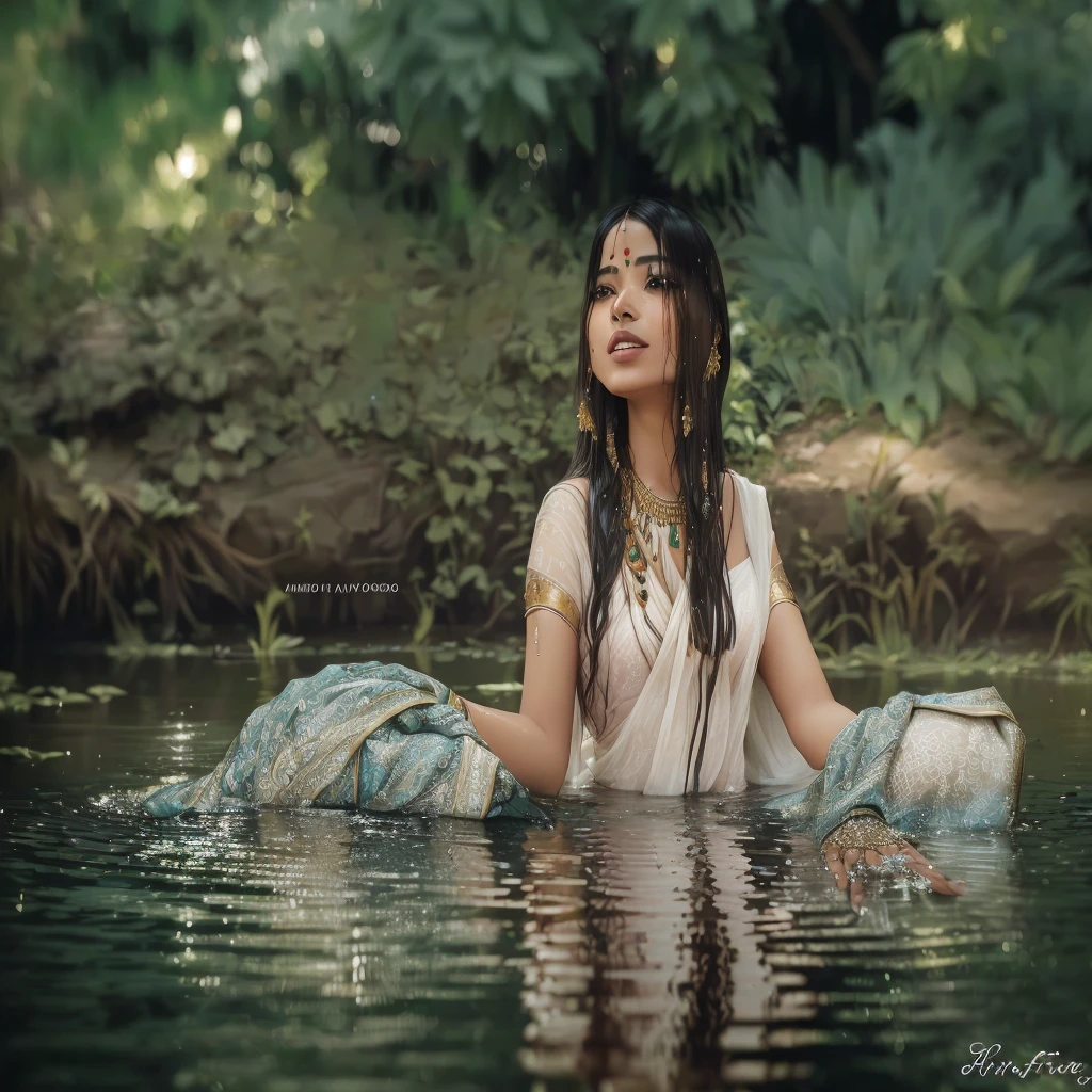 araffe woman in a sari sitting in a river, in a lake, in a pond, assamese aesthetic, in water up to her shoulders, in the water, in water, candid photography, candid picture, nymph in the water, in lake, modeling photography, candid photo, outdoor fine photography, * colour splash *